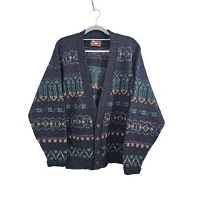 Alps Vintage Mens Wool Cardigan Sweater Black Geometric Knit Aztec Nordic Size M